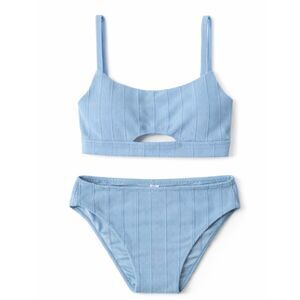 NWT Aerie Ribbed Cutout Bikini Set Light Blue L Scoop Neck High Cut Cheeky Swim